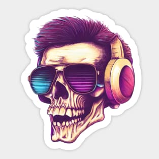 synthwave skull with headphones and sunglasses Sticker